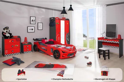 Produktbild von Kinderzimmer komplett Set Autobett Rio 5 teilig Rot , Sportsitze:inkl. Sportsitze, Matratze:ohne Matratze, Bettwäsche:mit Bettwäsche, Wandregal:Wandregal mit Klappe