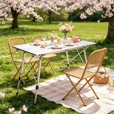 Image de Table de camping réglable en hauteur 120 cm, table pliante en aluminium, argent