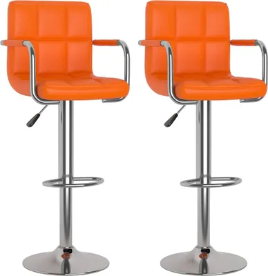 Two orange bar stools are shown against a white background.