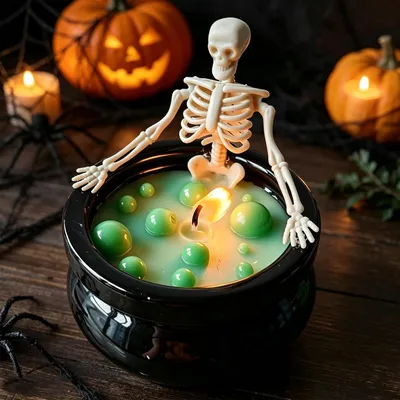 Productafbeelding van Halloween geurkaars, Halloween-kaars, heksenketel met skelet, lichtgevend