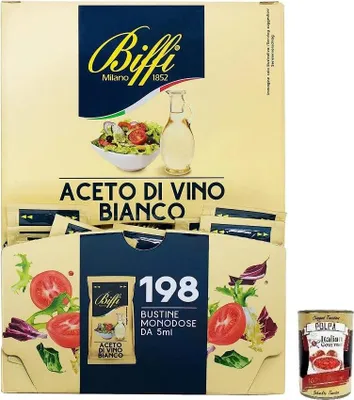 Produktbild von Biffi Aceto Di Vino Bianco Einzeldosis-Weißweinessig 198 Einzel Portionsbeutel à 5ml + Italian Gourmet Polpa di Pomodoro 400g Dose