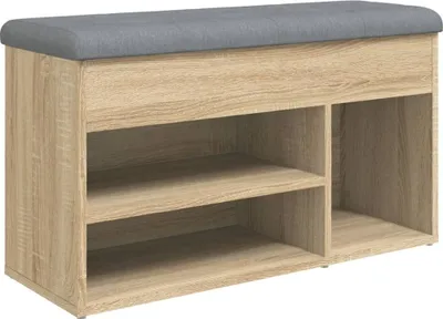 A shoe bench with storage compartments and a padded seat.