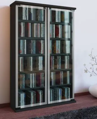 Produktbild von VCM CD Regal Holz | CD Schrank mit ESG-Sicherheitsglastüren für 300 CDs oder 130 DVDs 72-Videos | Maße: H. 92 x B. 60 x T. 18 cm | Elegantes DVD Regal | Blu ray Regal | CD Regal - Galerie