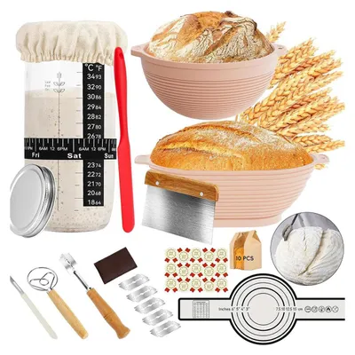 Produktbild von Brot Backset 10-teilig, Sauerteig Gärkorb Set, Silikon & Leinen, Holzgriff, pflegeleicht, Antihaft, ideal für Anfänger