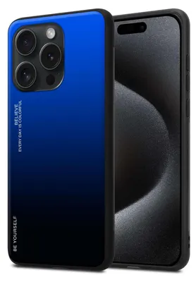 A close-up shot of a phone case with a gradient blue and black design, placed next to a smartphone.