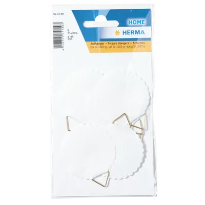 Immagine prodotto di HERMA 5749 Gancio per quadri da incollare, grande (Ø 45 mm, 6 pezzi, carta con struttura in lino) autoadesivo, gommato idrosolubile, capacità di carico 1.200 g, bianco