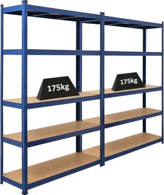 Produktbild von Mega Deal | 2x Schwerlastregal Ragnar | HxBxT 180x120x40cm | 5 MDF-Platten-Ebenen | Fachlast 175kg | Blau