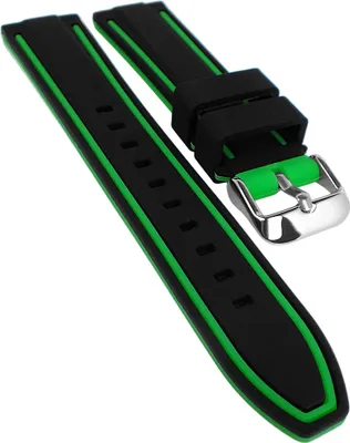 Produktbild von Minott | Uhrenarmband Silikon glatt weich schwarz/grün Dornschließe, Stegbreite:22mm, Schließe:Silbern