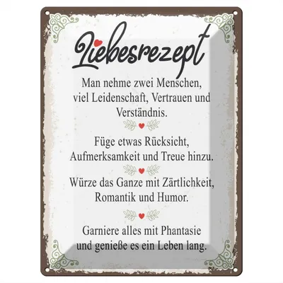 Produktbild von Blechschild Wandbild in : Brillante Farben, Größe 30 x 40 cm Motiv Blechschild Spruch Liebesrezept man nehme 2 Menschen 30x40cm
