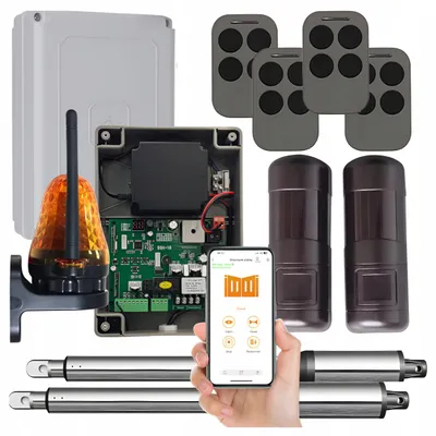 Immagine prodotto di Kit per cancello a due ante, modello DE250, dimensioni 2x2,5 metri, portata 400 kg, con sistema di sicurezza a barriera infrarossa Wi-Fi e 4 telecomandi
