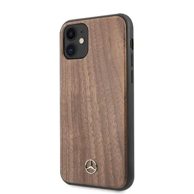 A close-up, side view of a wooden iPhone case with a metallic logo.