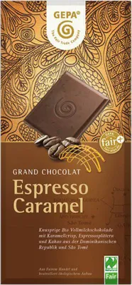 A chocolate bar wrapper with a depiction of a chocolate bar and coffee beans.