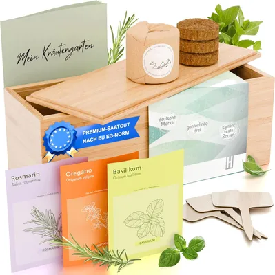 Produktbild von Kräutergarten italienisch | Kräutergarten indoor | Kräuter Anzuchtset mit Kräutersamen, Pflanzerde + Holzbox | Familie Mitbringsel Erwachsene