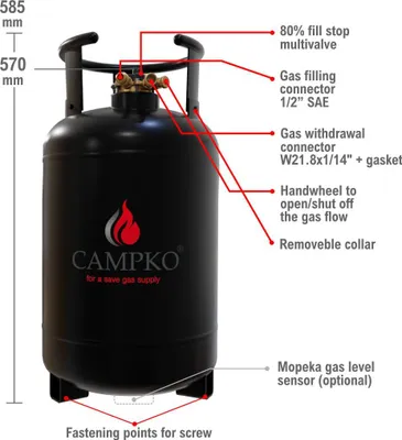 Obrázok produktu pre CAMPKO 30-litrová plynová fľaša s 80 % multiventilom (DE)
