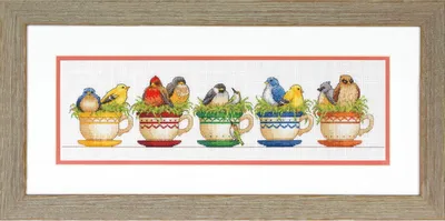Imagen del producto de Dimensiones: Set de punto de cruz "Tazas de té y pájaros", esquema con conteo de puntos, 48,2 x 15,2 cm
