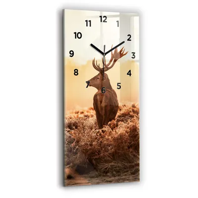 Produktbild von Wallfluent Wanduhr – Stilles Quarzuhrwerk - Uhr Dekoration Wohnzimmer Schlafzimmer Küche - Zifferblatt - schwarze Zeiger - 30x60 cm - Hirsch bei Sonnenaufgang