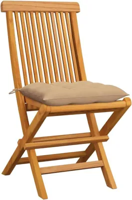 Produktbild von 6 klappbare Gartenstühle aus Teakholz mit beigen Kissen, stabile Massivholz-Essstühle für Terrasse und Balkon bis 110 kg