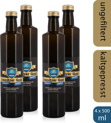 Produktbild von 4 x Lausitzer Leinöl - Lausitzer Gold (kaltgepresstes ungefiltertes Premium Leinöl), 4x 500ml