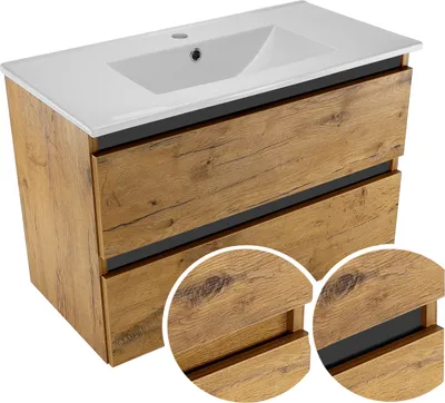 Obrázek produktu pro Koupelnová nástěnná skříňka Paplinskimoebel v barvě dubu lancelot s keramickým umyvadlem a dvěma zásuvkami 80x51,5x40 cm