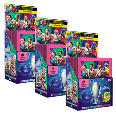 Zdjęcie produktu dla Topps – Liga Mistrzów 2025/2026 – naklejki kolekcjonerskie – 3 ekspozytory (150 torebek)