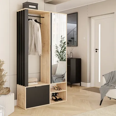 Produktbild von Garderobenschrank Milo mit Spiegel, mit Ablagen und Kleiderstange, Farbe: Artisan + Schwarz
