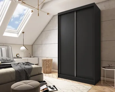 Obrázek produktu pro Moderní Šatní Skříň Černá s Posuvnými Dveřmi120 150 180 200 cm -Černá Šatní Skříň do Ložnice s Posuvnými Dveřmi - Šatní Tyč - 120 cm - Černá