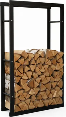 A black metal firewood rack filled with cut logs, presented against a white background.