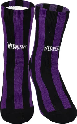 Produktbild von Wednesday Hüttensocken - Strick Haussocken mit Sherpa Futter für Damen Kuschelsocken Flauschige Wintersocken warme Frauen Socken OneSize Schwarz/Lila 38-43