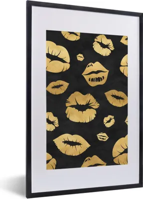 Produktbild von MuchoWow® Gerahmtes Poster Muster - Kuss - Gold - Schwarz 40x60 cm - Poster mit Schwarzem Bilderrahmen Wandposter Rahmen Foto Bilder - Poster in Rahmen