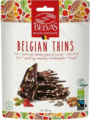 Obrázok produktu pre Kúsky tmavej čokolády s mandľami, quinou a bobuľami goji100 g – Belvas
