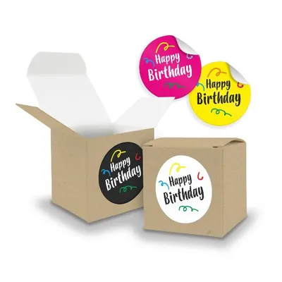 Produktbild von SET Happy Birthday Mix (Motiv39) 24x Faltschachtel Würfel 6,5cm BRAUN + Sticker