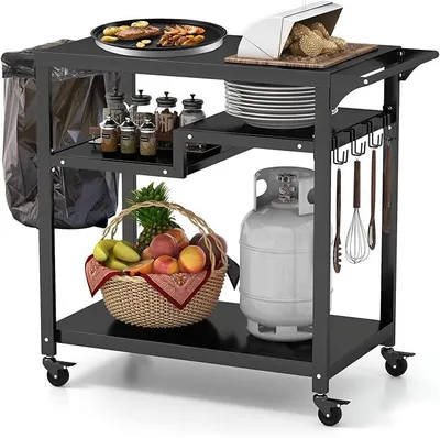 Produktbild von Grillwagen Grilltisch Outdoor, Pizzatisch mit 4 Ablagen & 4 Rollen & Haken, Grill Beistelltisch Servierwagen Garten Trolley für den Außenbereich, 85 x 50,5 x 93 cm (4 Ablagen)