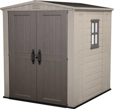 Produktbild von Keter Gerätehaus Kunststoff Factor 6x6, Taupe-Beige, Außenmaße: 178x195.5x208 cm (BxTxH), 6.1 m³ Rauminhalt, Metallverstärkt, Giebeldach, abschließbar, wetter- & UV-beständig, wartungsarm, mit Bodenplatte, Doppeltür, hohe Decke, inkl. 2 Regale & 1 Fenster, Oberlicht, Belüftung, Holzoptik.