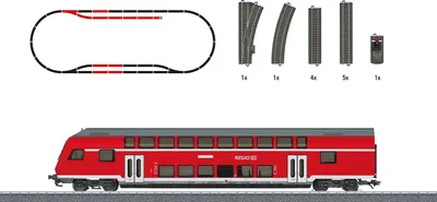 A model train set with track pieces and a red double-decker train.