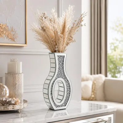 Immagine prodotto di Vaso specchio Vrygle, argento, 30,3 cm, vaso decorativo da tavolo con cristalli, ideale per fiori secchi