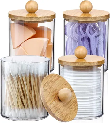 Produktbild von 4er-Pack Qtip-Halter-Spender mit Bambusdeckeln – 284 ml durchsichtige Apothekerdosen aus Kunststoff zur Aufbewahrung von Kosmetik- und Make-up-Organizer – Badezimmer-Zubehör-Set für Wattestäbchen, Wattebällchen, Wattestäbchen, Zahnseide