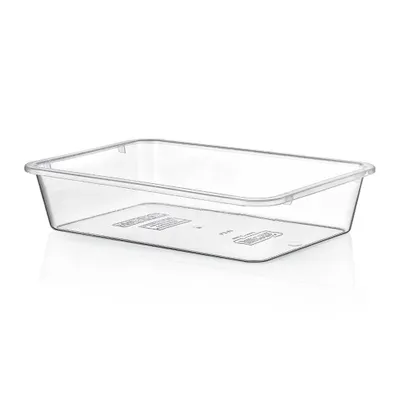 A clear, studio shot of a rectangular, transparent plastic food storage container on a white background.