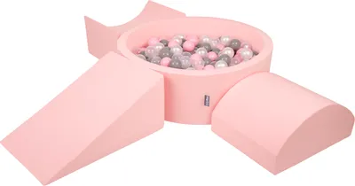 Produktbild von KiddyMoon spielplatz aus schaumstoff mit rund bällebad (200 bälle) ballgruben für babys spielbad hindernisläufen, hergestellt in der eu, pink:perle/grau/transparent/puderrosa