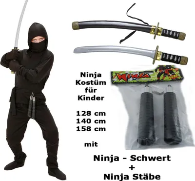 Produktbild von Kostüm Ninja mit Schwert + Stäbe  - Ninja komplett 116 cm - 164 cm S - 128 cm