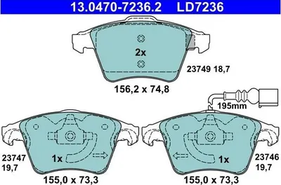 Produktbild von ATE Bremsbeläge Satz Vorne für VW Transporter V Bus (7HB, 7HJ, 7EB, 7EJ, 7EF, 7EG, 7HF, 7EC) 13.0470-7236.2