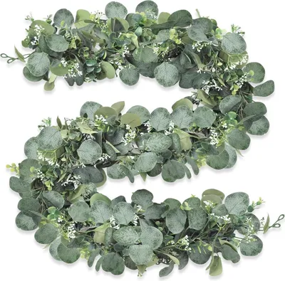 Immagine prodotto di Set di 2 ghirlande di eucalipto artificiali da 1,8 m, verde e bianco, per decorazioni nuziali