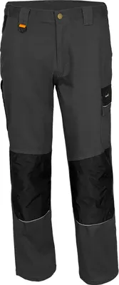 A pair of gray work pants with black knee panels and reflective trim.
