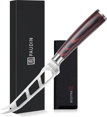 Produktbild von PAUDIN N29 Käsemesser – 12,5 cm – Tomatenmesser mit gezahntem Rand und Gabelspitzen – Damastmuster – Inklusive Messerschutz