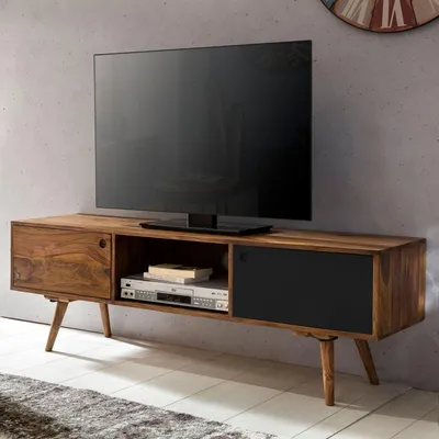 Immagine prodotto di FineBuy TV Mobile TV REPA 140 cm in legno massello di sheesham, stile rustico, 2 ante e ripiano, mobile hi-fi con 4 piedini, mobile TV vintage