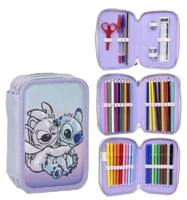 Produktbild von CERDÁ LIFE'S LITTLE MOMENTS Stitch Schulmäppchen für Kinder, Rosa, Reißverschluss, 12,5 x 6,5 x 19,5 cm, Dreifachfach, inklusive Zubehör, Federmäppchen
