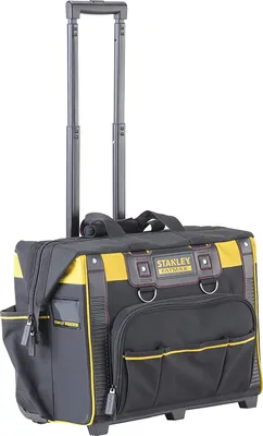A black and yellow Stanley FatMax rolling tool bag is shown against a white background.