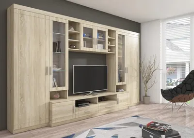 A living room with a large entertainment unit and a chair.