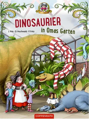 A book cover illustration depicting dinosaurs in a garden setting with people.