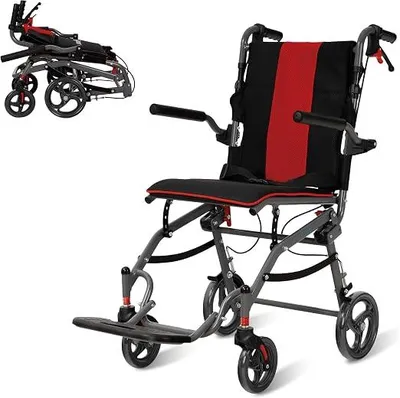 Image de Fauteuil roulant léger, pliable et étroit, jusqu'à 100 kg. Fauteuil roulant pliable avec hauteur réglable, poignées ergonomiques, roues pivotantes à 360° et design étroit, idéal pour une utilisation à domicile et en voyage