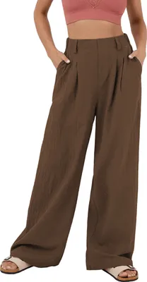 Image de ASKSA Pantalon femme jambes larges Taille haute Laessig Pantalon d'été Unicolore Pantalon de loisirs avec poches, Marron foncé, Taille : M